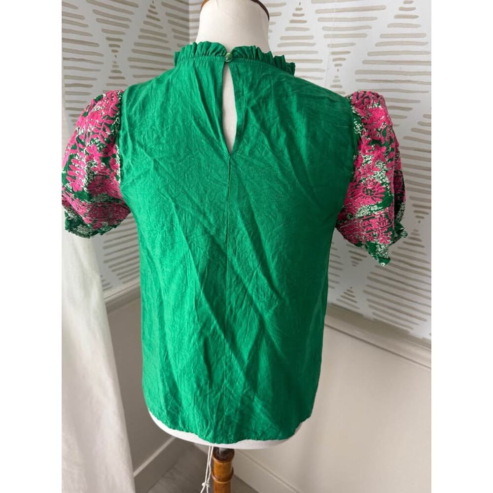 THML Womenms XS Green Mock Neck Blouse Top with Pink Embroidered Puff Sleeves - Picture 4 of 7